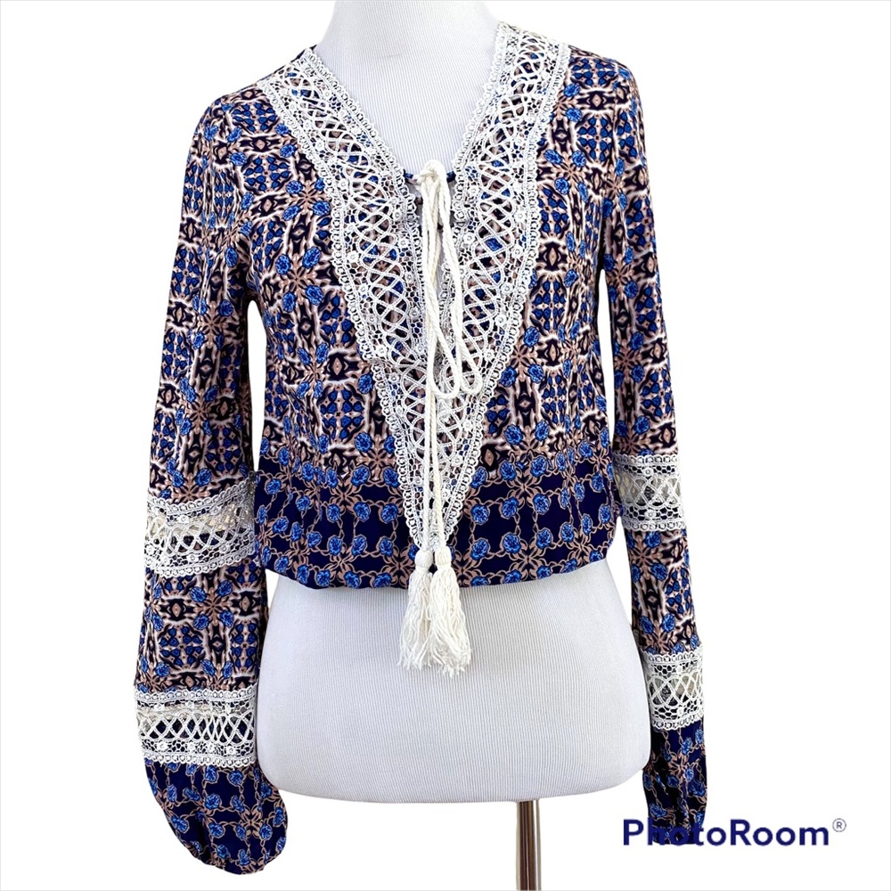 ONE WAY BOHO CROP TOP BLOUSE BLUE PATTERNED LACE LONG SLEEVE SIZE 6 FESTIVAL